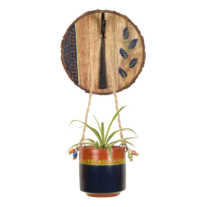 Blue-Brown Earthen Planter on Round Wooden Hook