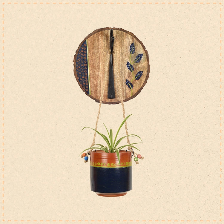 Blue-Brown Earthen Planter on Round Wooden Hook