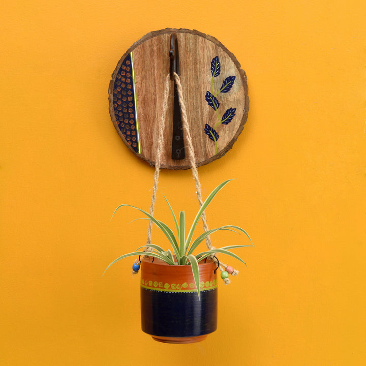 Blue-Brown Earthen Planter on Round Wooden Hook