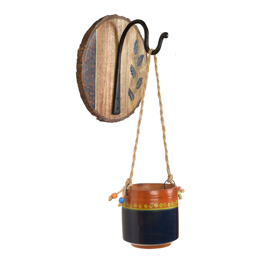 Blue-Brown Earthen Planter on Round Wooden Hook