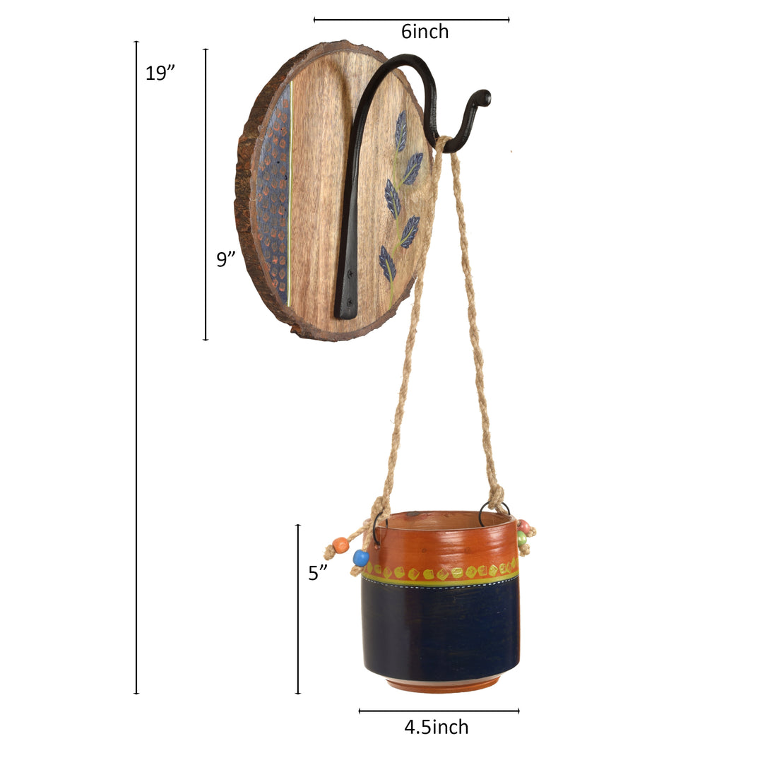 Blue-Brown Earthen Planter on Round Wooden Hook