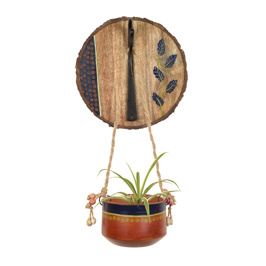 Blue-Brown Earthen Planter on Round Wooden Hook