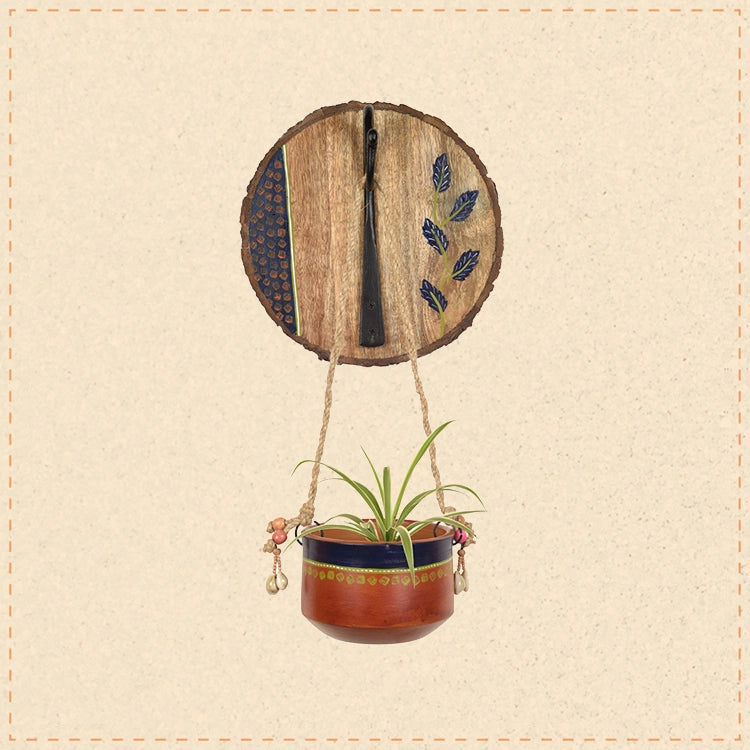 Blue-Brown Earthen Planter on Round Wooden Hook