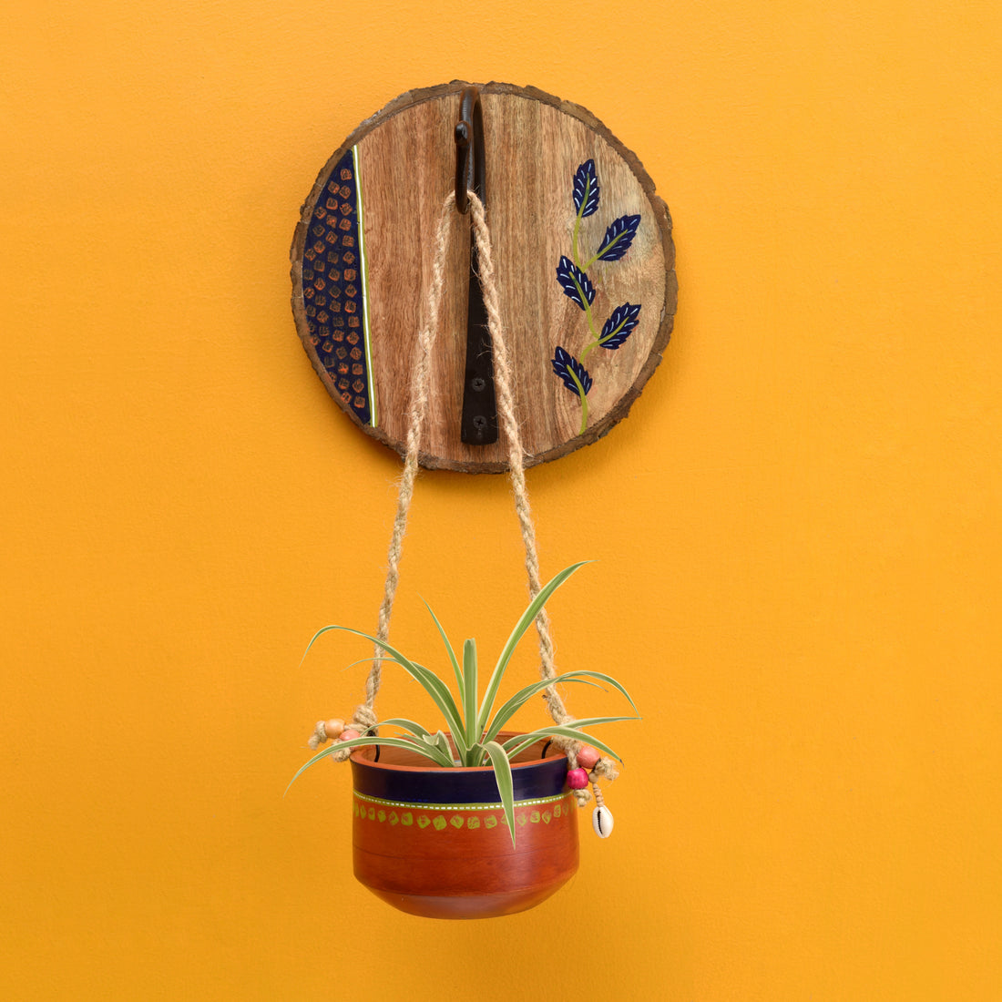 Blue-Brown Earthen Planter on Round Wooden Hook