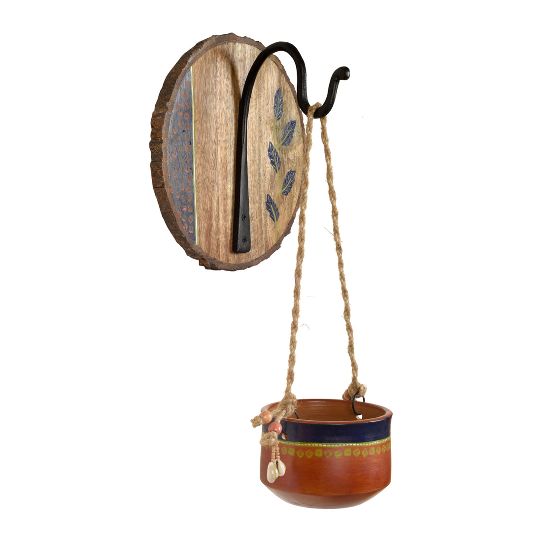 Blue-Brown Earthen Planter on Round Wooden Hook