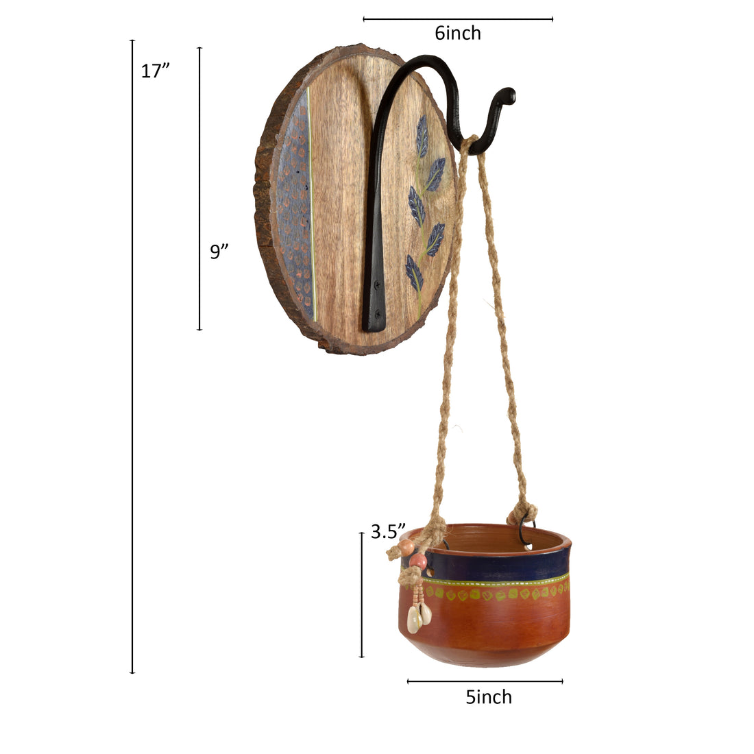 Blue-Brown Earthen Planter on Round Wooden Hook