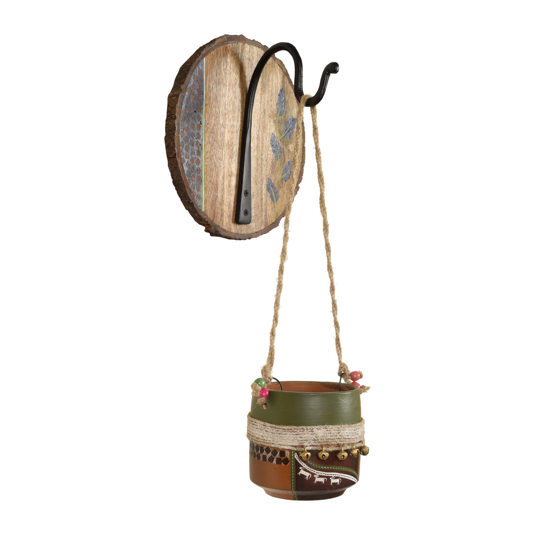 Jute Embellished Brown Earthen Planter on a Round Wall Hook