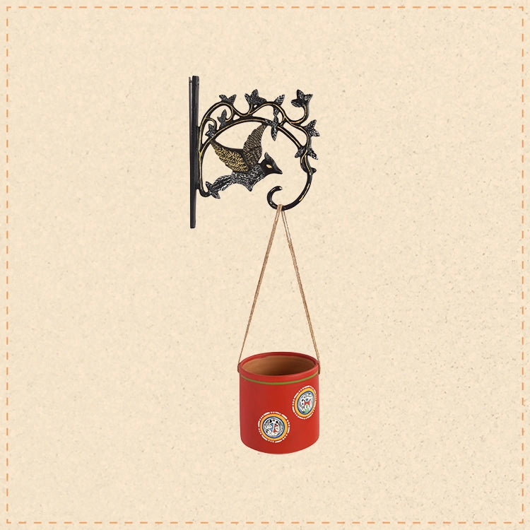 Red Rose Terracotta Hanging Planter with Metal Stand