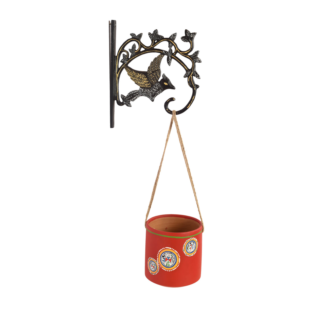 Red Rose Terracotta Hanging Planter with Metal Stand