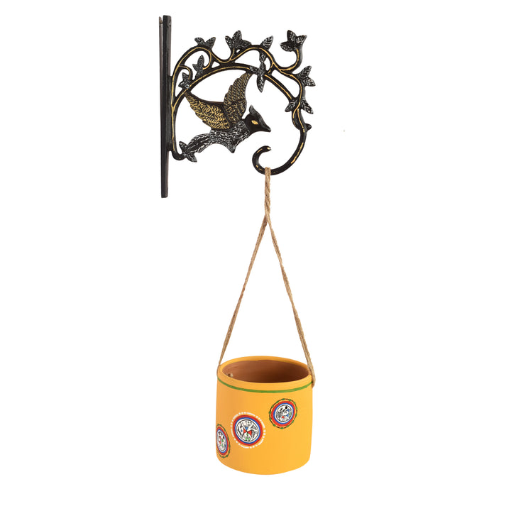 Yellow Warli Terracotta Hanging Planter with Metal Stand