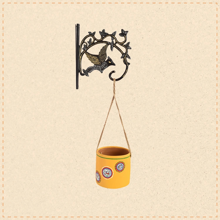 Yellow Warli Terracotta Hanging Planter with Metal Stand