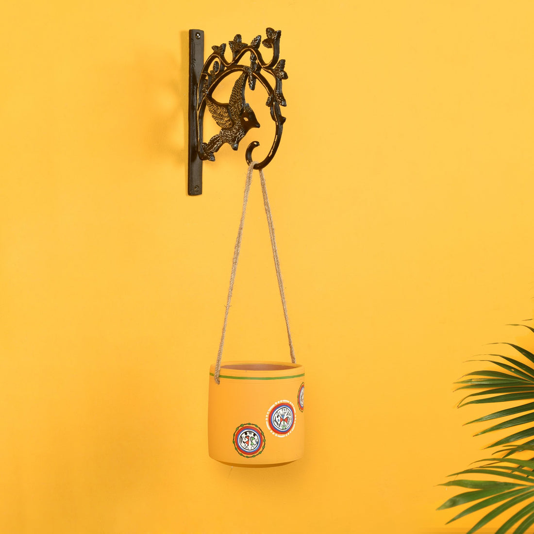 Yellow Warli Terracotta Hanging Planter with Metal Stand