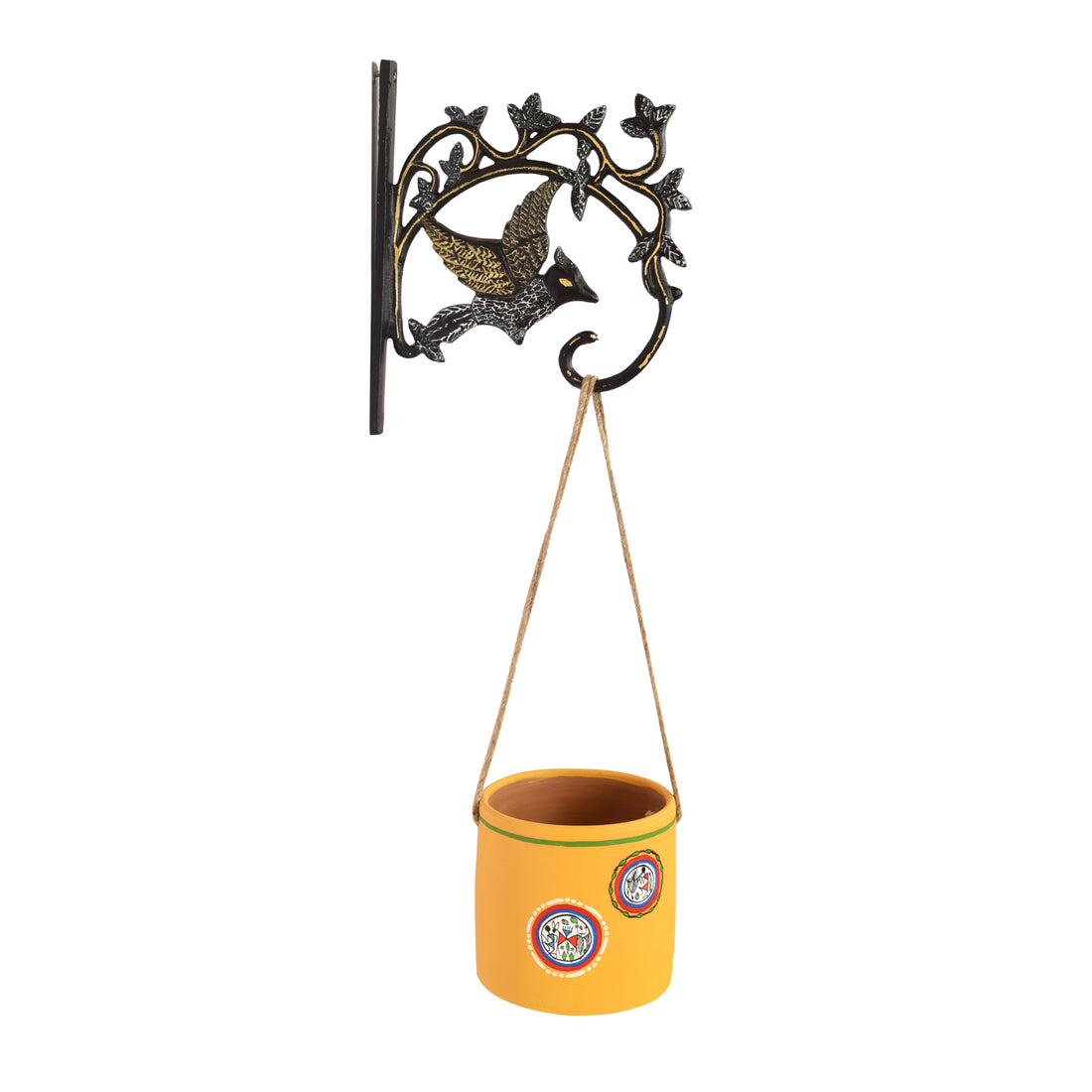 Yellow Warli Terracotta Hanging Planter with Metal Stand