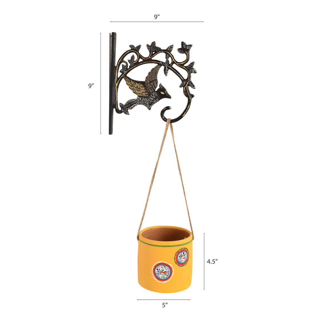 Yellow Warli Terracotta Hanging Planter with Metal Stand