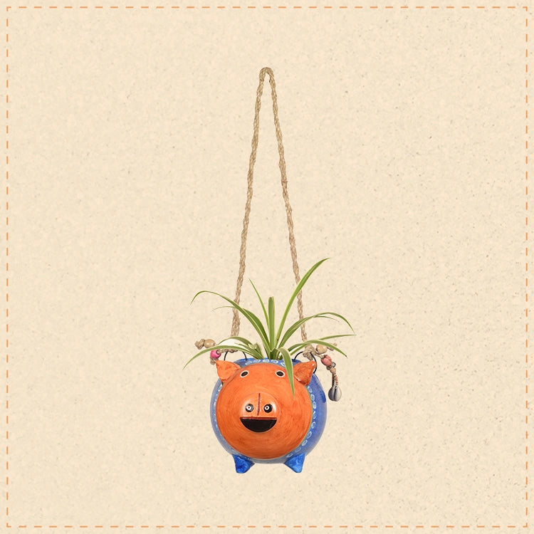 Blue Pig Earthen Planter with Jute Hanger