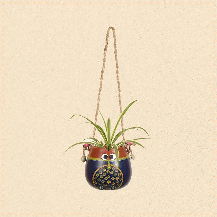 Blue-Brown Earthen Planter Pot with Jute Hanger