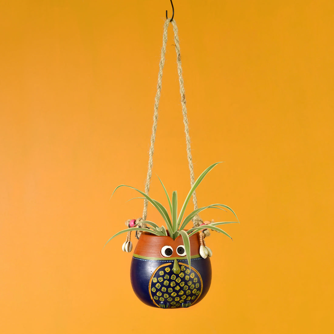 Blue-Brown Earthen Planter Pot with Jute Hanger