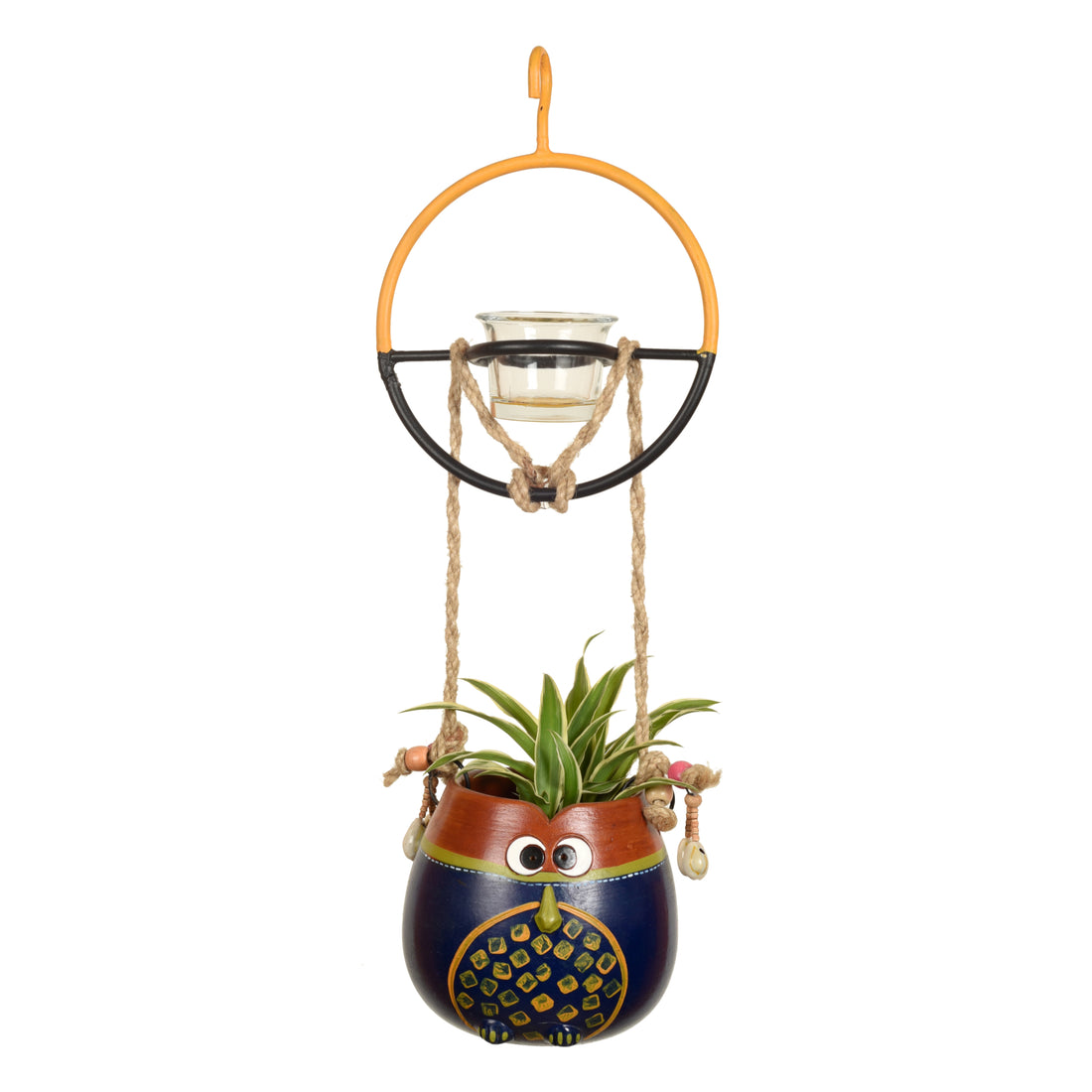 Blue-Brown Earthen Planter with Metal Bird Feeder