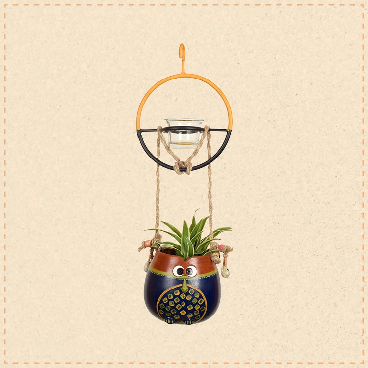 Blue-Brown Earthen Planter with Metal Bird Feeder