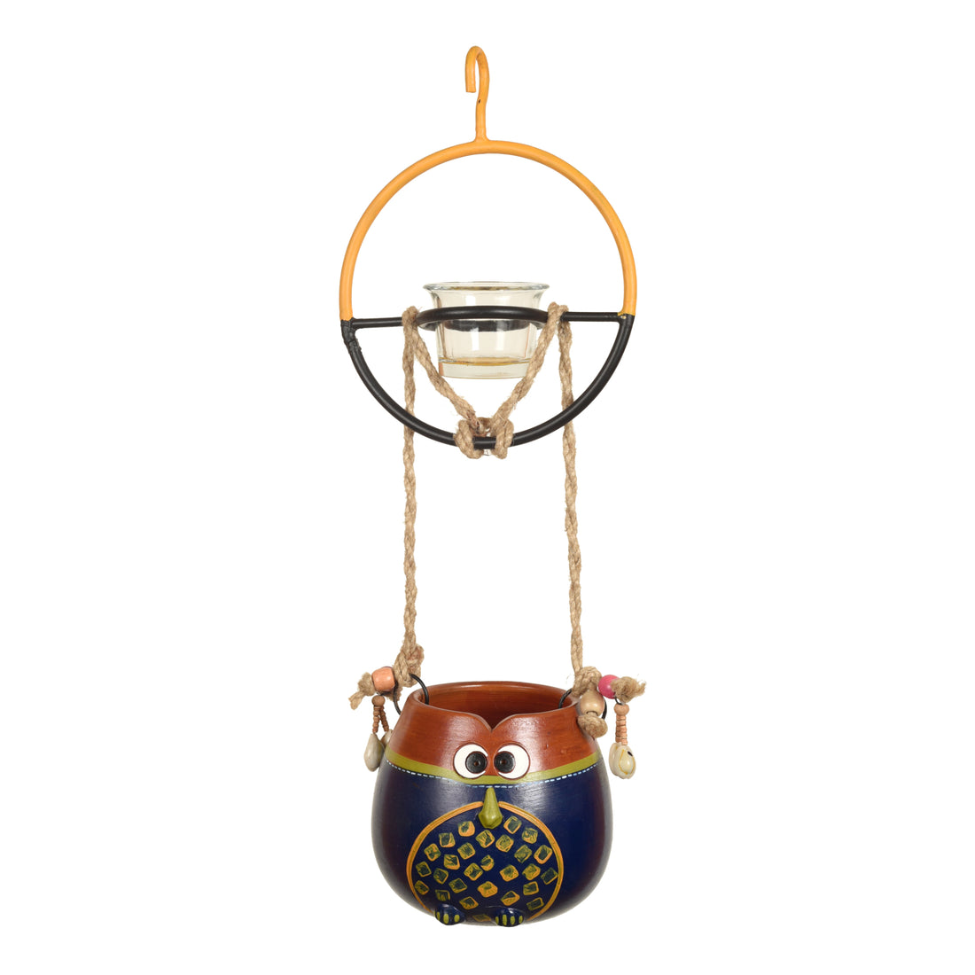 Blue-Brown Earthen Planter with Metal Bird Feeder