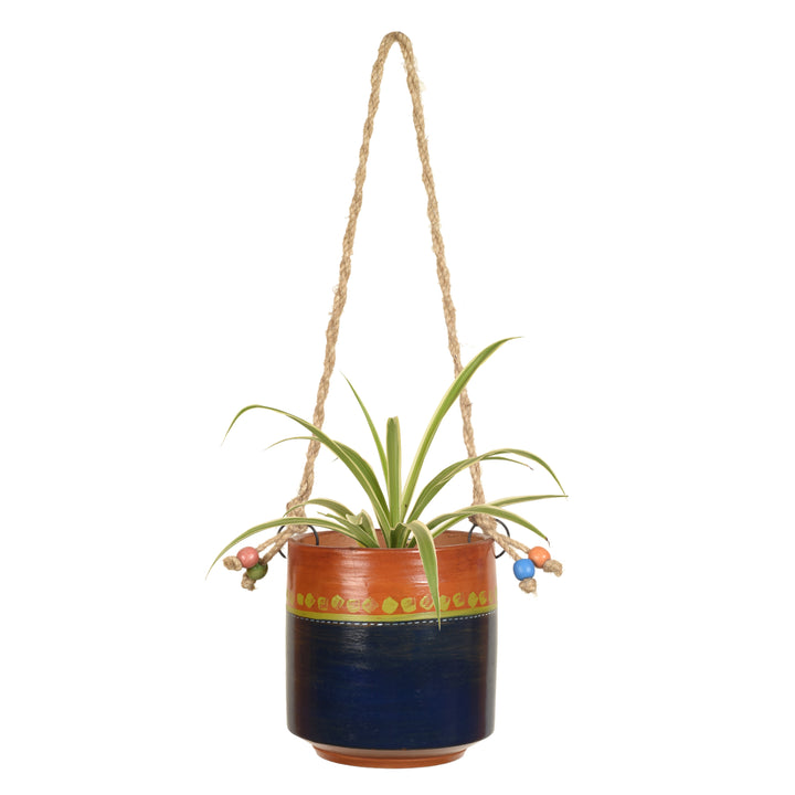 Blue-Brown Earthen Planter with Jute Hanger