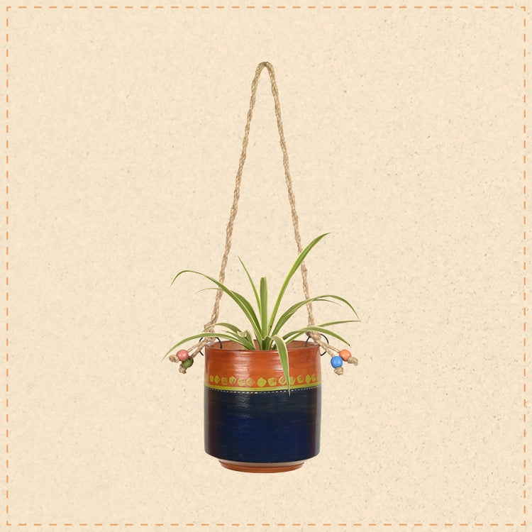 Blue-Brown Earthen Planter with Jute Hanger