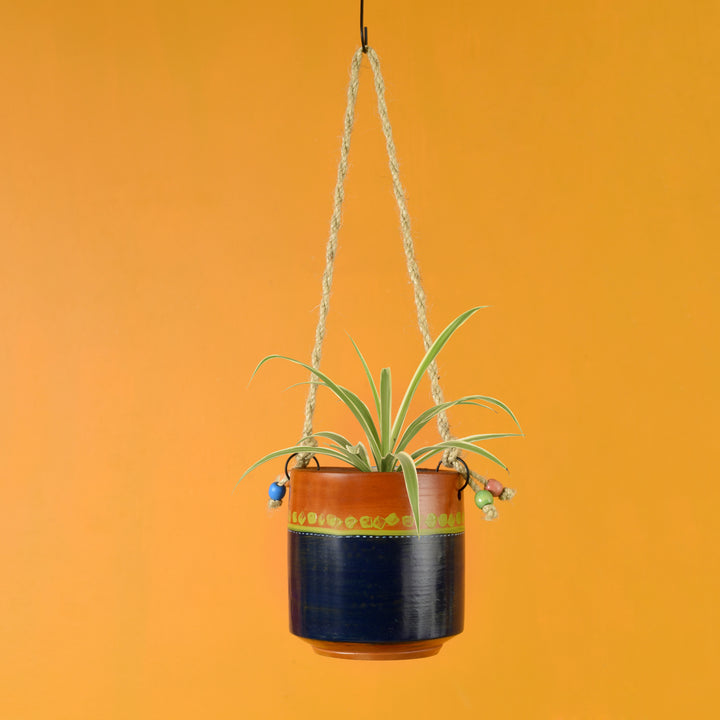 Blue-Brown Earthen Planter with Jute Hanger