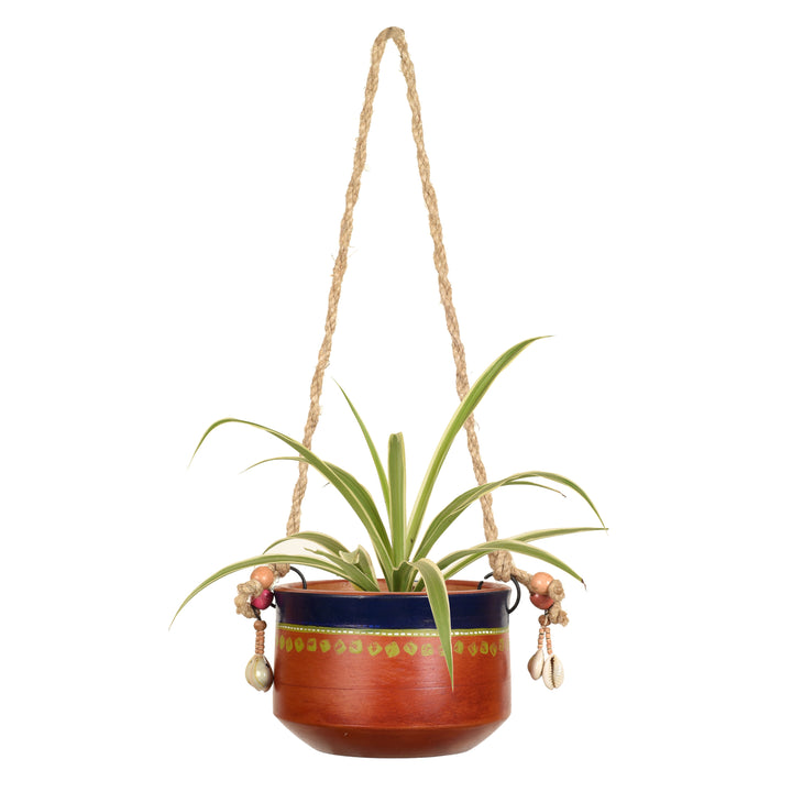 Blue-Brown Earthen Planter with Jute Hanger ( Pot-5x5x3.5) H-14"