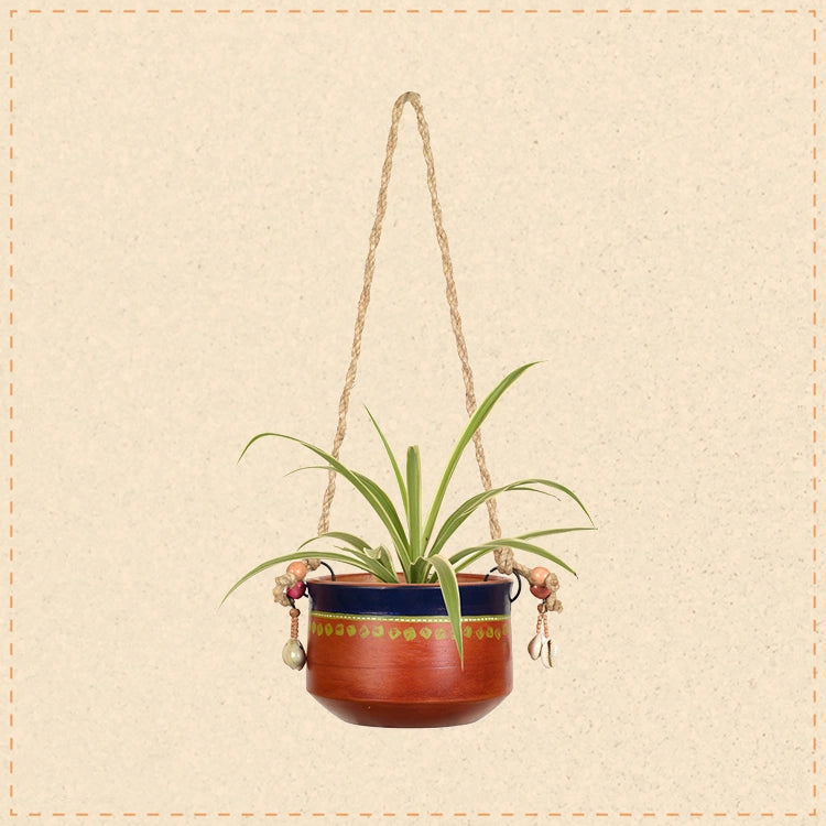 Blue-Brown Earthen Planter with Jute Hanger ( Pot-5x5x3.5) H-14"