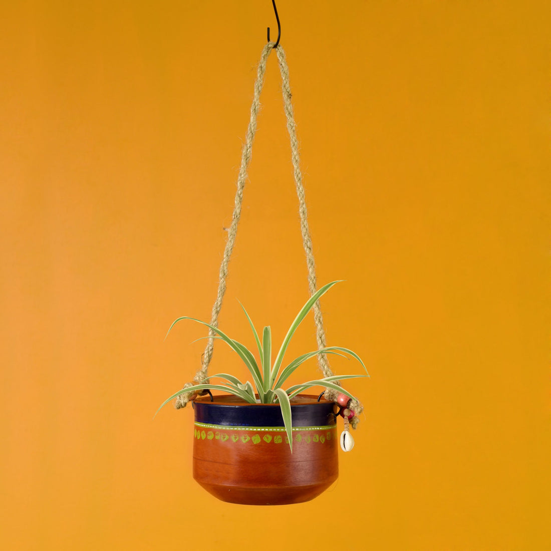 Blue-Brown Earthen Planter with Jute Hanger ( Pot-5x5x3.5) H-14"