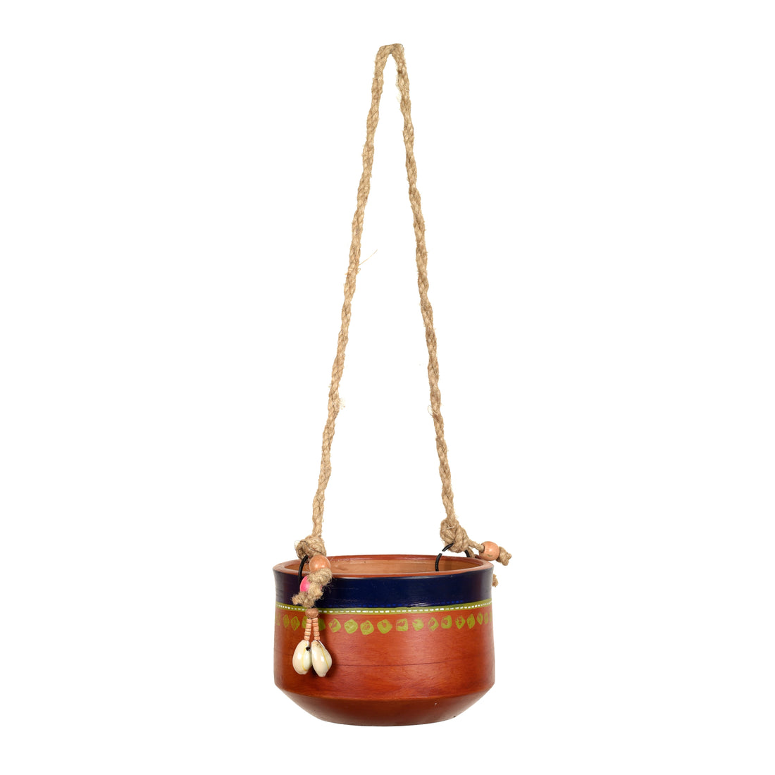 Blue-Brown Earthen Planter with Jute Hanger ( Pot-5x5x3.5) H-14"