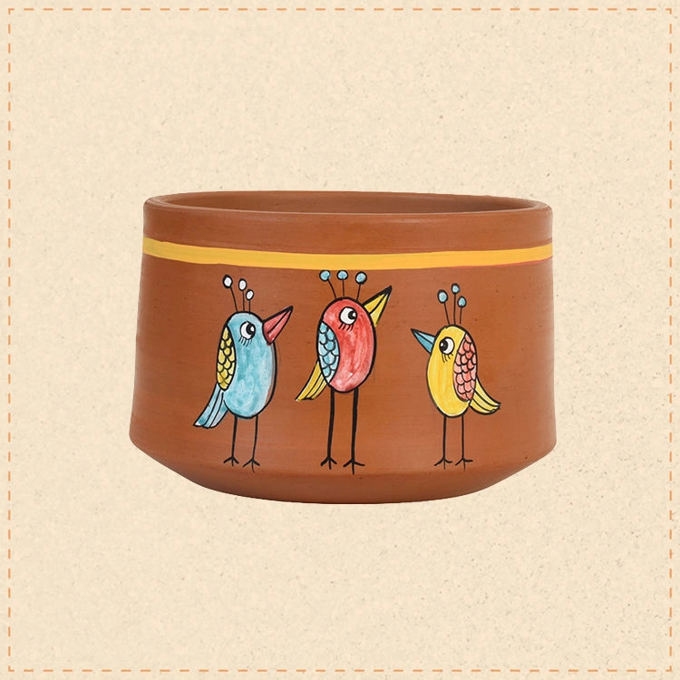 Teen Chidiya Trio-Bird Terracotta Cachepot