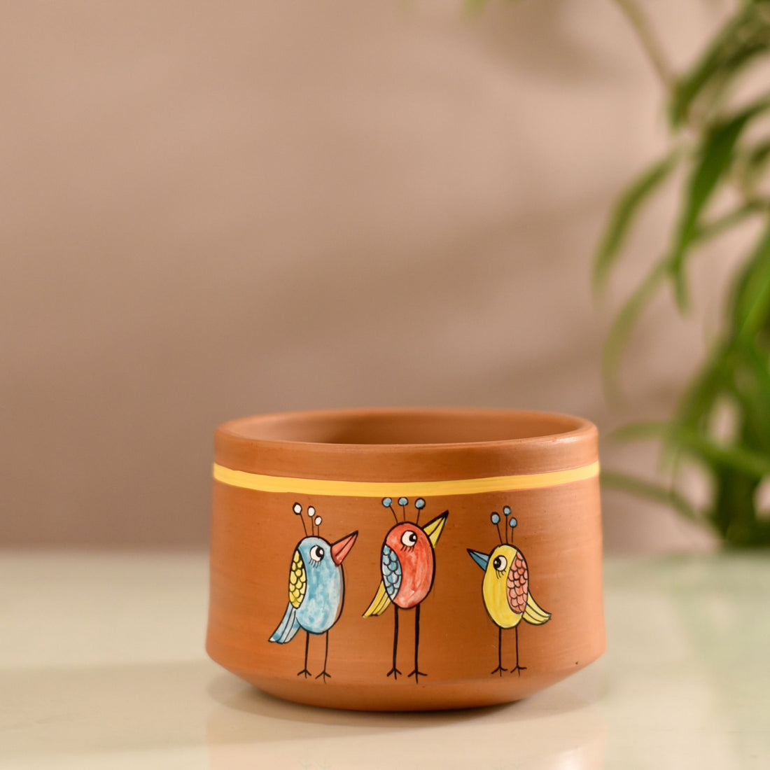 Teen Chidiya Trio-Bird Terracotta Cachepot