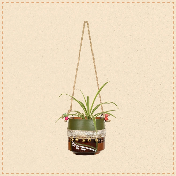 Jute Embellished Brown Hanging Earthen Planter