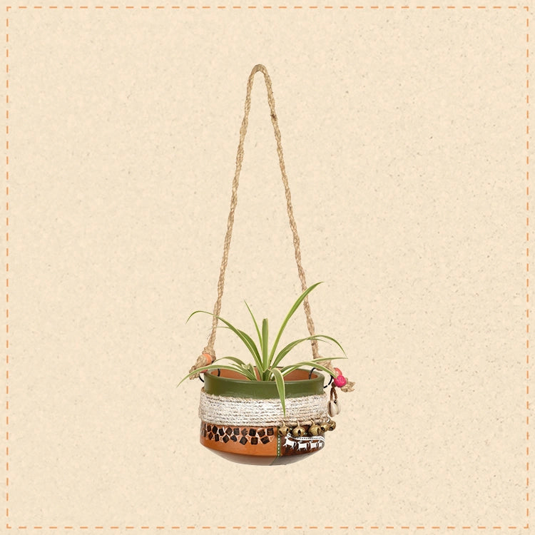 Jute Embellished Brown Hanging Earthen Planter