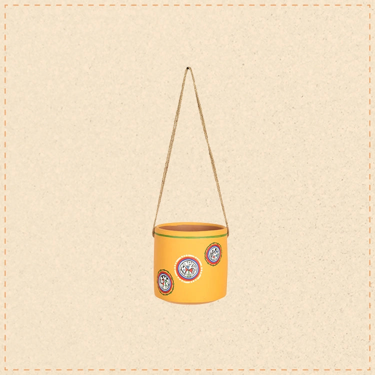 Yellow Warli Terracotta Hanging Planter