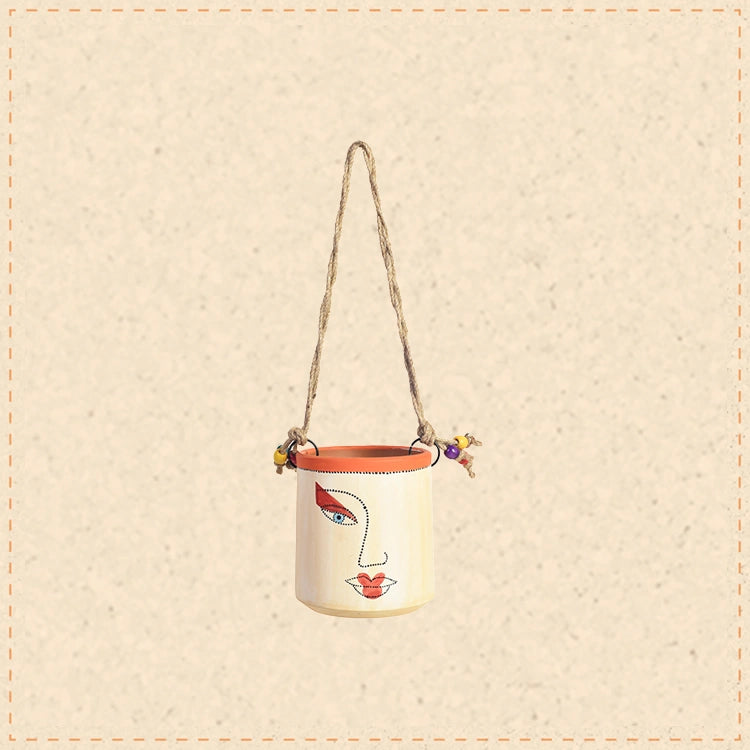 Handcrafted Artistic Face Hanging Pot Decorative Ceramic Planter with Rope
