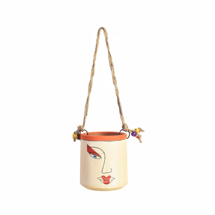 Handcrafted Artistic Face Hanging Pot Decorative Ceramic Planter with Rope