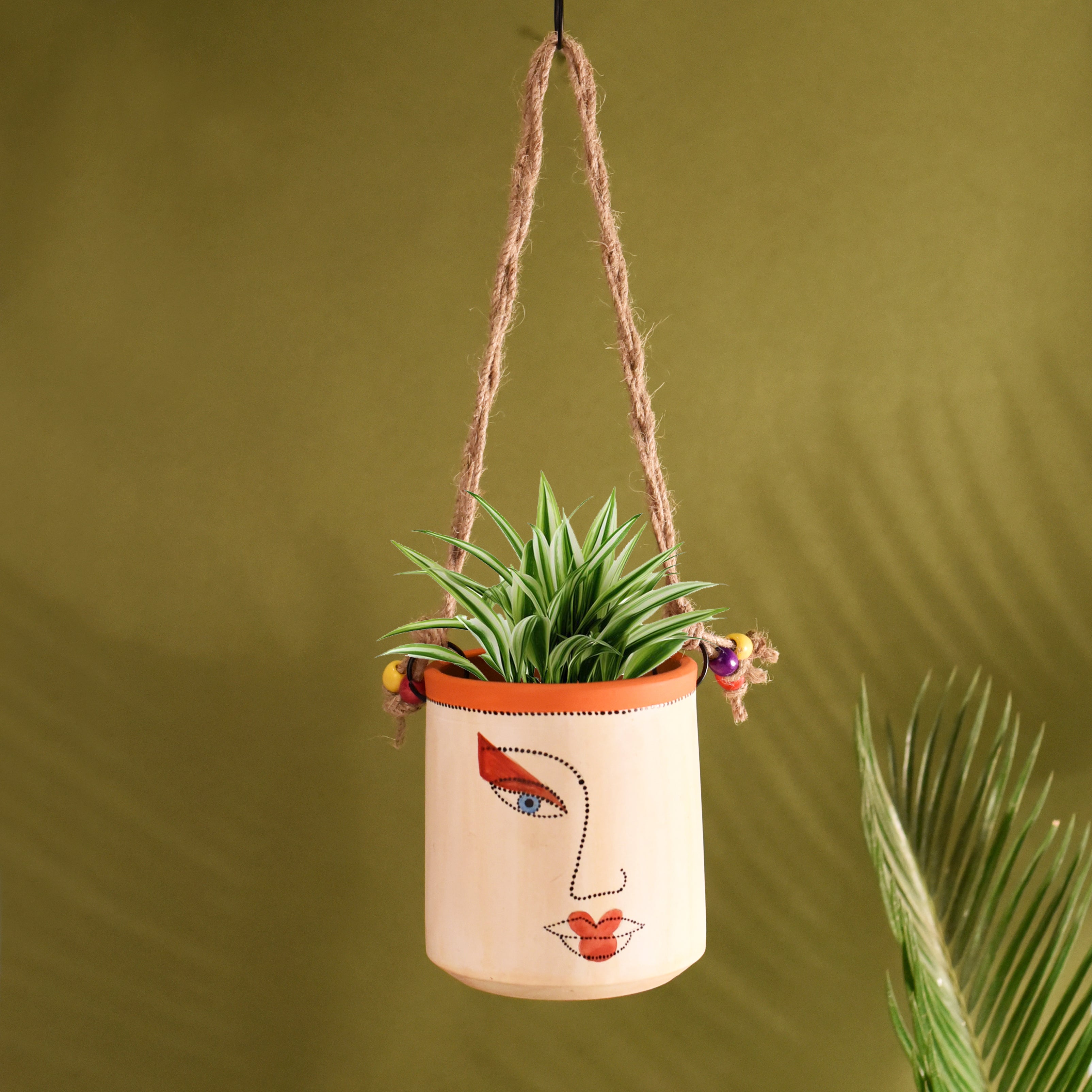 Handcrafted Artistic Face Hanging Pot Decorative Ceramic Planter with Rope