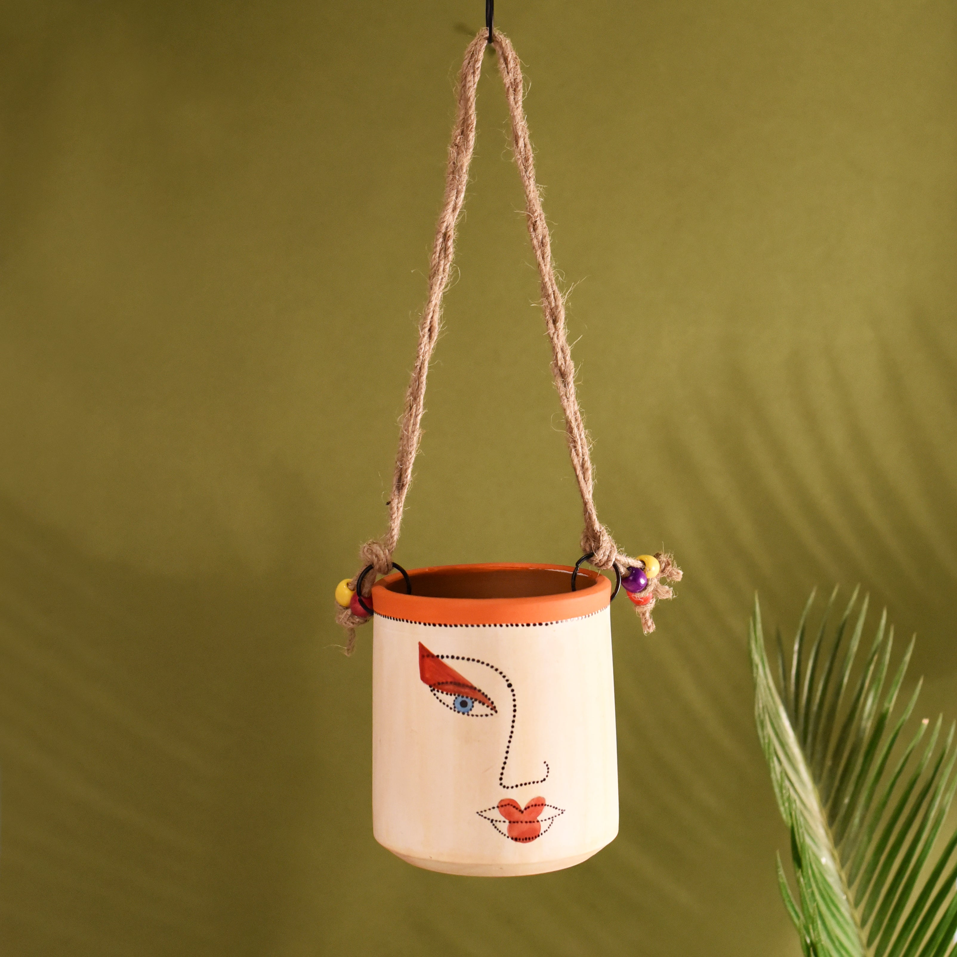 Handcrafted Artistic Face Hanging Pot Decorative Ceramic Planter with Rope