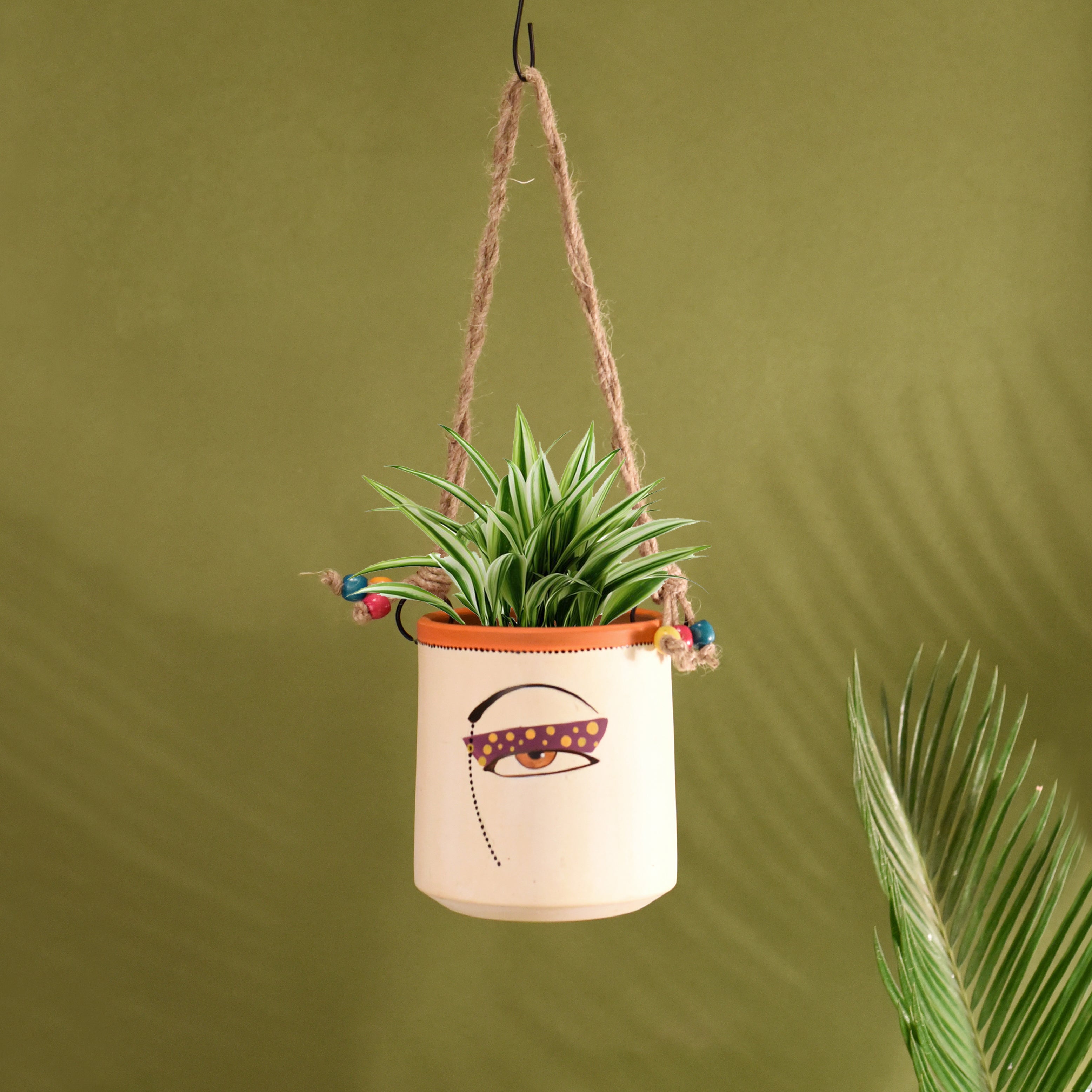 Handmade Boho Hanging Planter Pot Decorative Ceramic Wall Basket with Rope