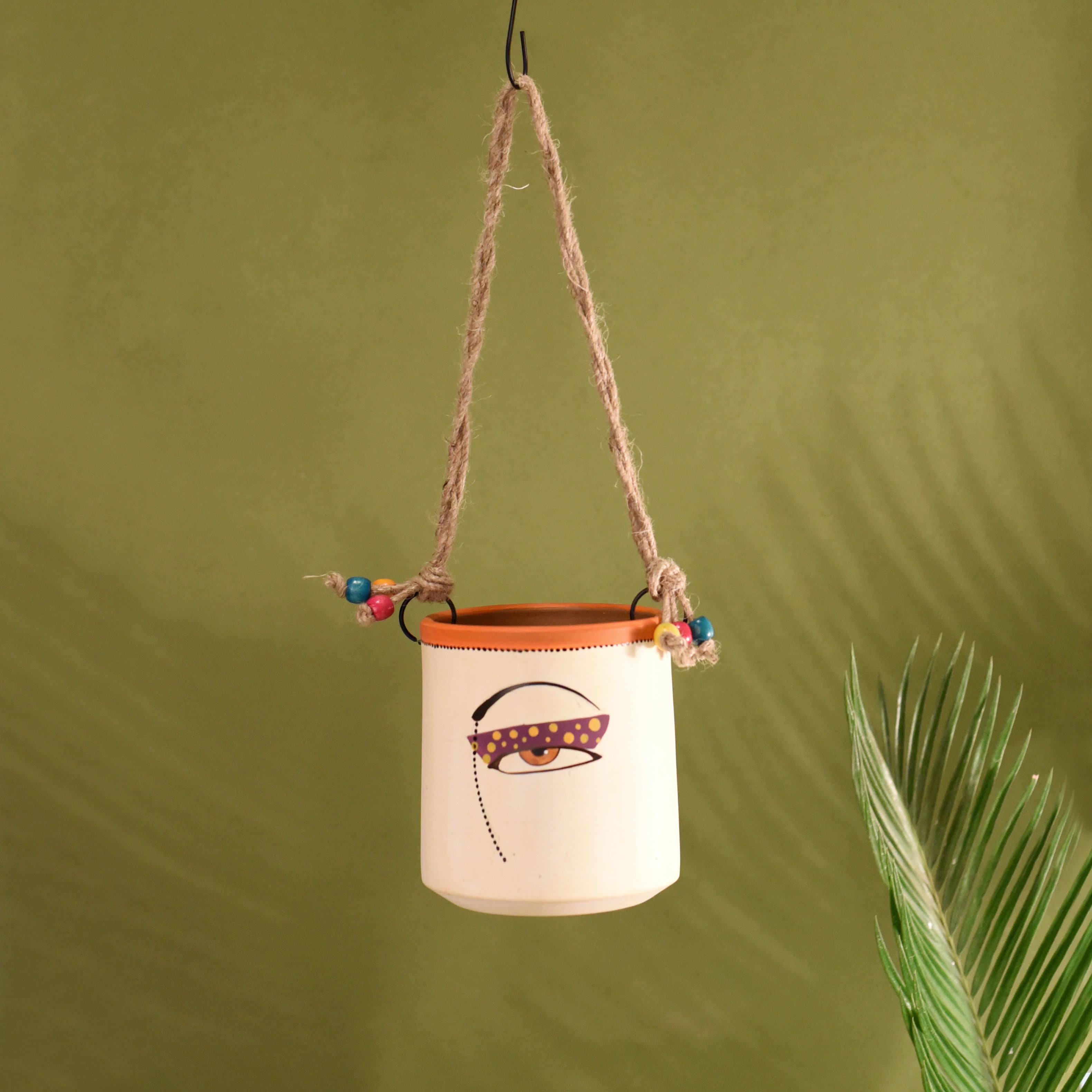 Handmade Boho Hanging Planter Pot Decorative Ceramic Wall Basket with Rope