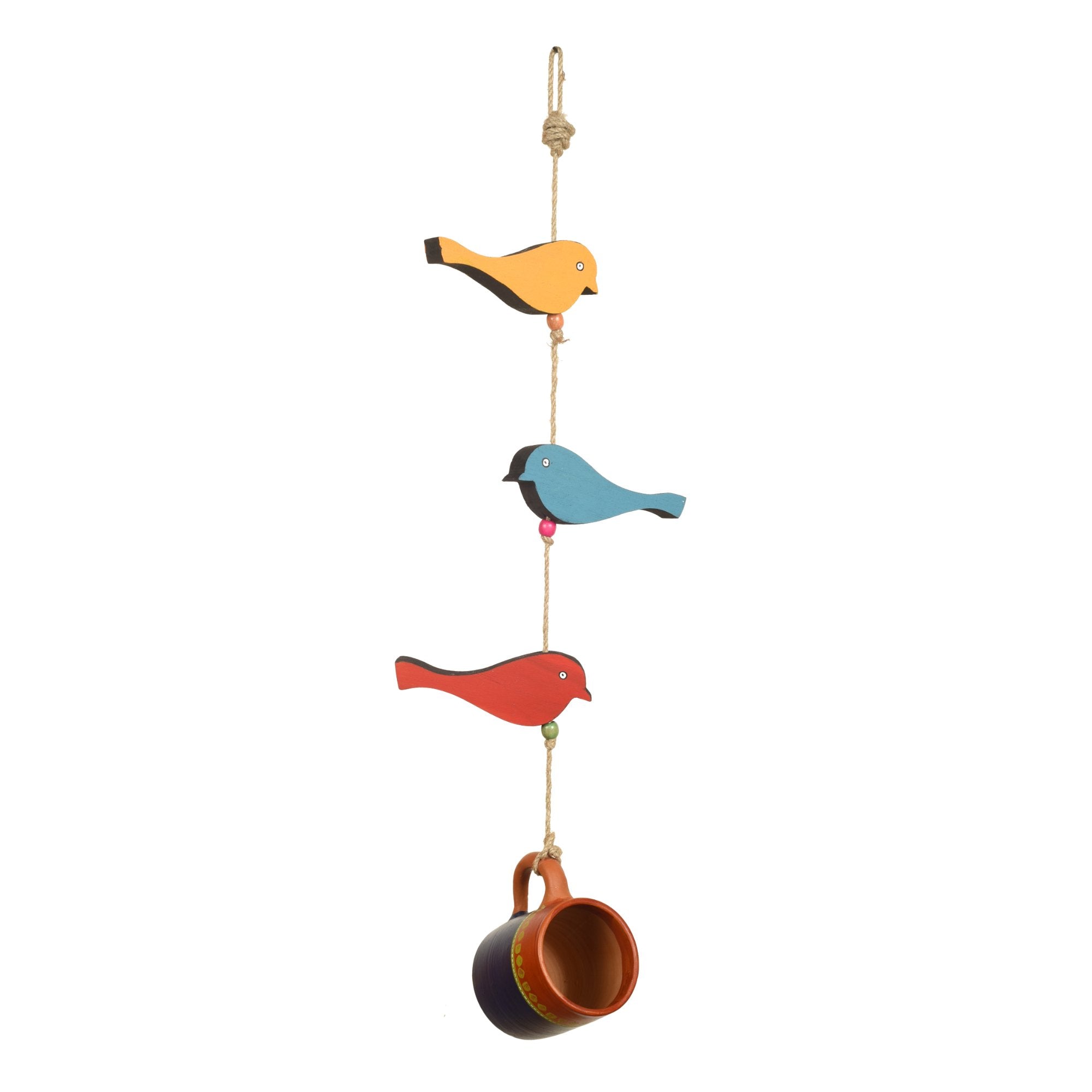 Blue Cup Hanging Bird Feeder with Bird Motifs