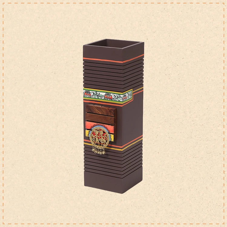 Moses wooden Planter in Brown with Brass motifs, decorated with Tribal paintings