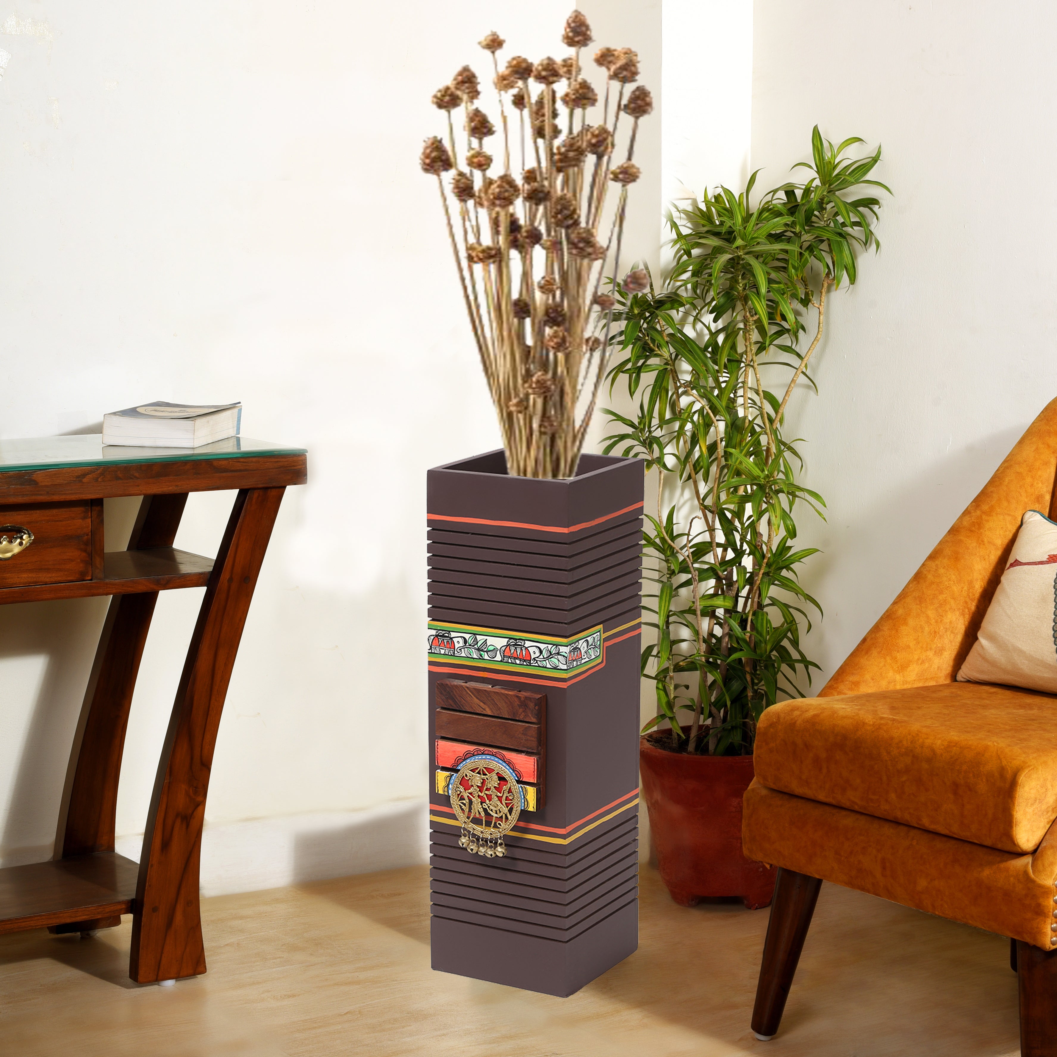 Moses wooden Planter in Brown with Brass motifs, decorated with Tribal paintings