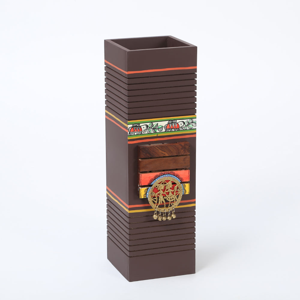 Moses wooden Planter in Brown with Brass motifs, decorated with Tribal paintings