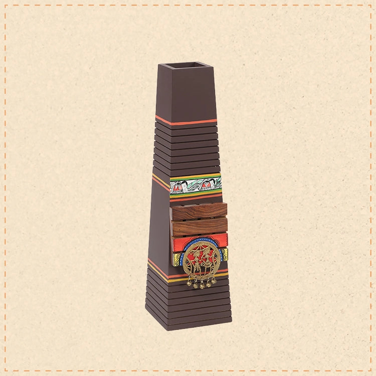 Pyramid wooden Planter in Brown with Brass motifs, decorated with Tribal paintings