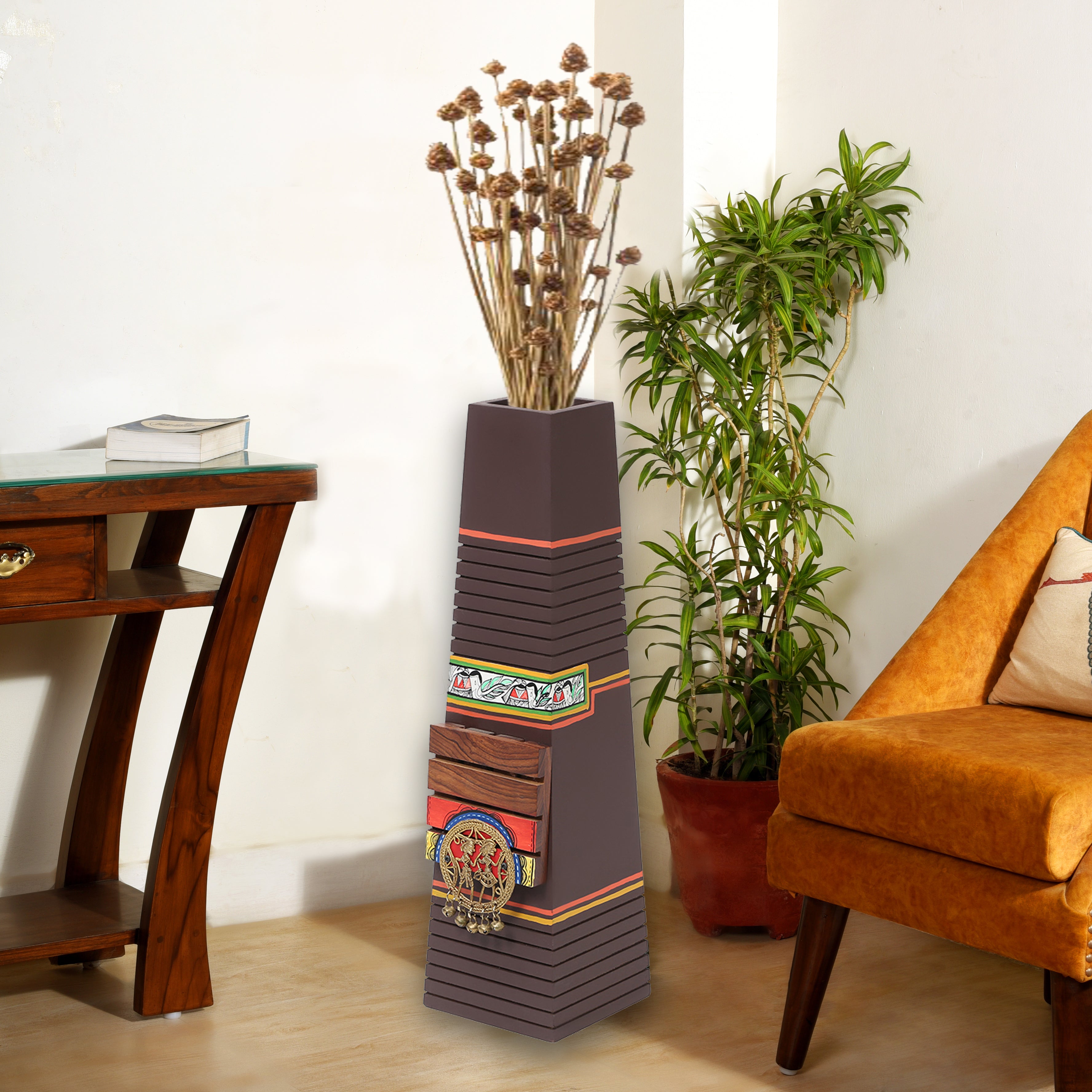 Pyramid wooden Planter in Brown with Brass motifs, decorated with Tribal paintings