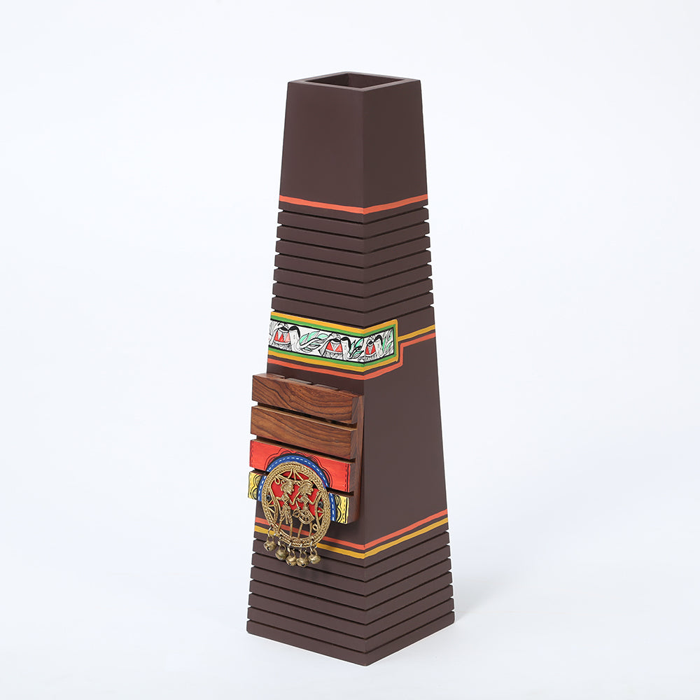 Pyramid wooden Planter in Brown with Brass motifs, decorated with Tribal paintings