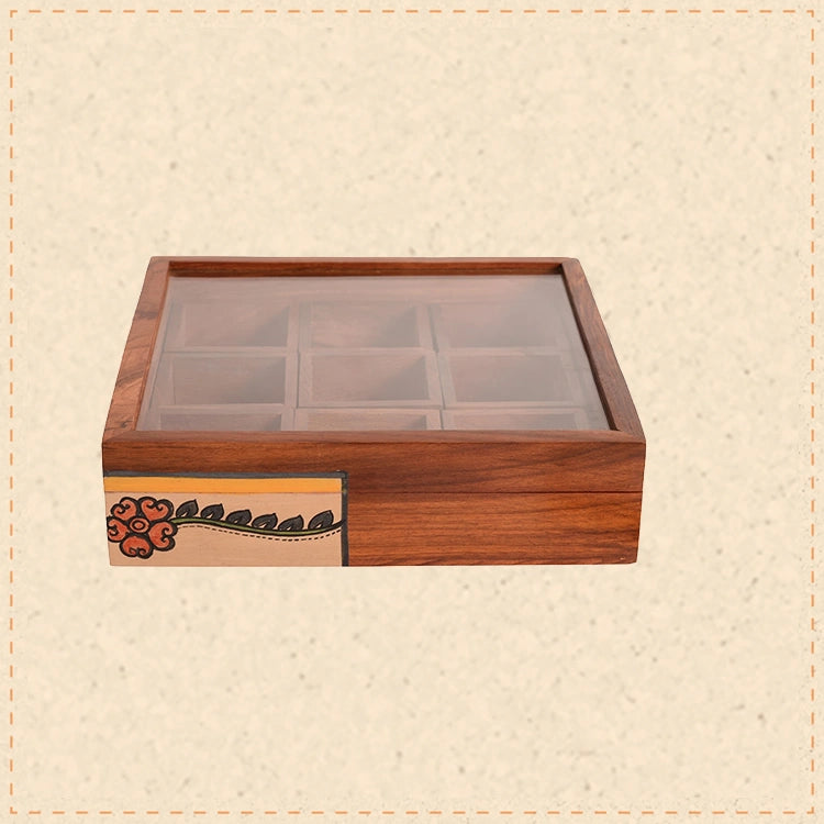 Jewelery Box Handcrafted 9 Slots Madhubani Wooden 8x8x2